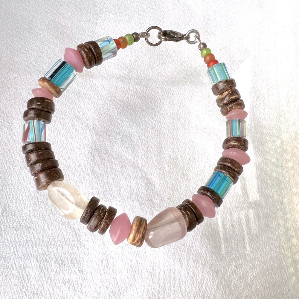 Vintage Multi Gemstone Bracelet wood Faceted  glass silver tone 7.5-8"